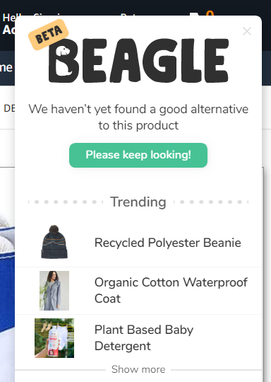 Beagle extension dialog showing Trending products